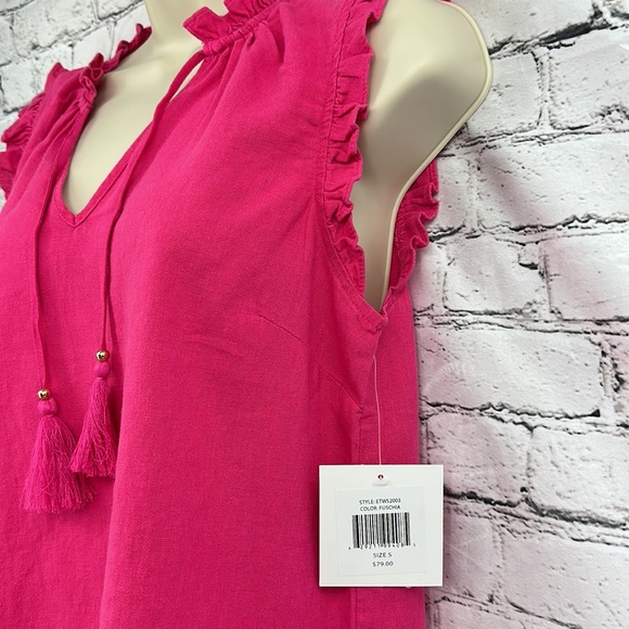 ELLEN TRACY NWT Linen-Blend Ruffle Sleeveless Top w/Tassel SMALL Fuchsia Pink - Picture 3 of 7